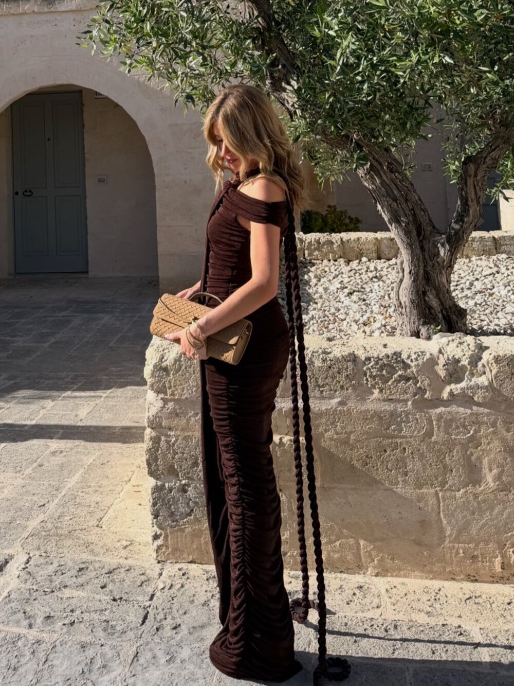 Khanums Textured Slinky Maxi Dress - Brown, XS